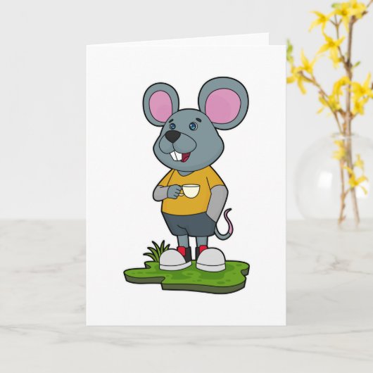 Maus mit Kaffeetasse Karte (Gelbe Blume)