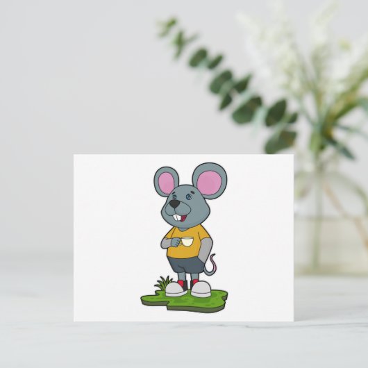 Maus mit Kaffeetasse Postkarte (Stehend Vorderseite)