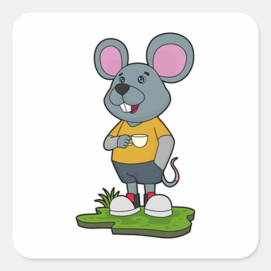 Maus mit Kaffeetasse Quadratischer Aufkleber (Vorderseite)