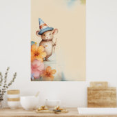 Maus mit orange-rosa Blume, altes Papier blau Poster (Küche)