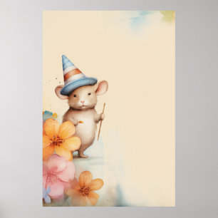 Maus mit orange-rosa Blume, altes Papier blau Poster