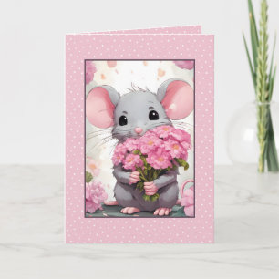 Maus mit rosa Blume auf Polka-Punkten Karte
