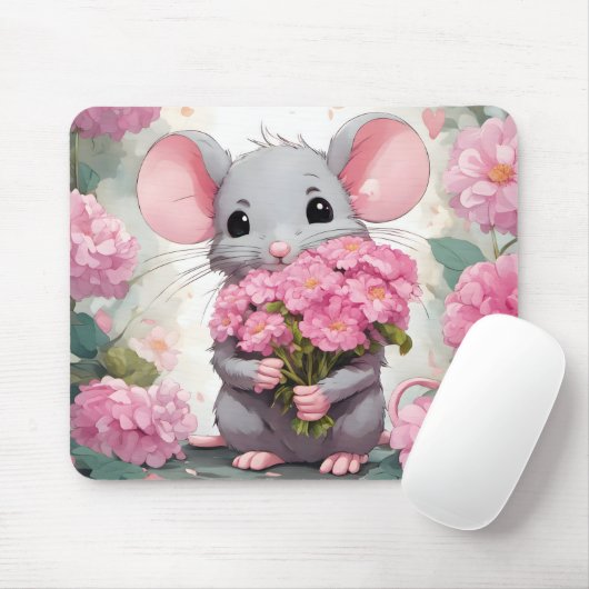 Maus mit rosa Blume Bouquet Mousepad (Mit Mouse)