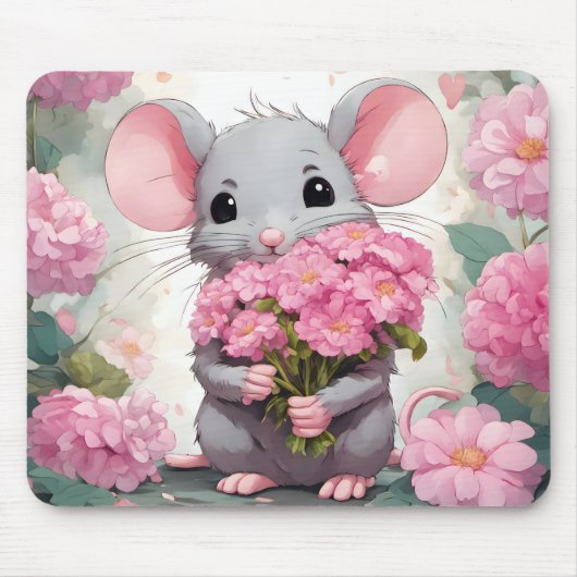Maus mit rosa Blume Bouquet Mousepad (Vorne)