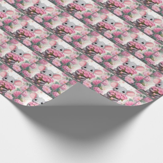 Maus mit rosa Blume Geschenkpapier (Ecke)
