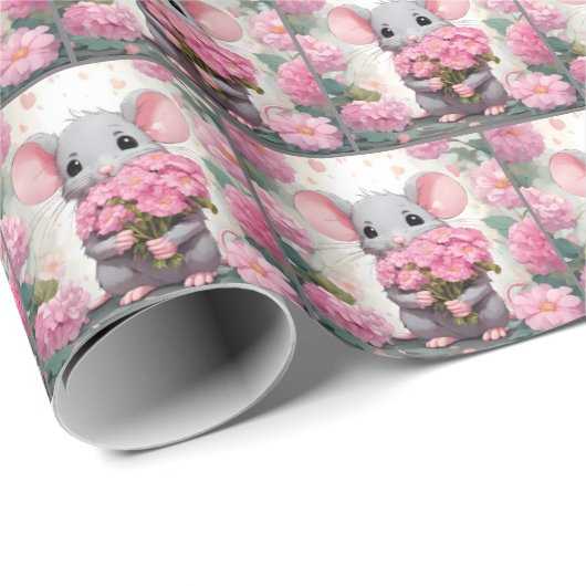 Maus mit rosa Blume Geschenkpapier (Rolleneckpunkt)