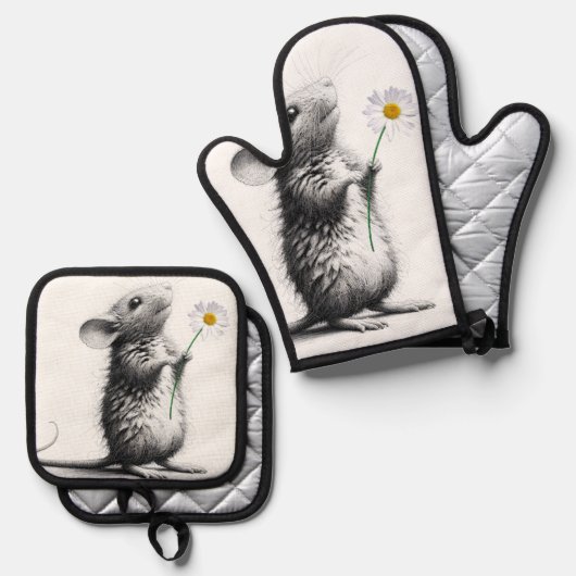 Maus mit weißer Daisy Ofenhandschuh & Topflappen-Set (Vorderseite/Rückseite)