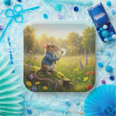 Maus pustet Löwenzahnsämlinge aus Pappteller (Party)