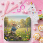 Maus pustet Löwenzahnsämlinge aus Pappteller (Party)