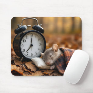 Maus schläft neben einem Wecker Mousepad