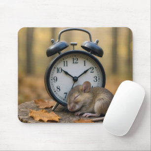 Maus schläft neben einem Wecker Mousepad