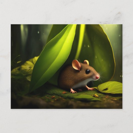 Maus sucht Schutz vor dem Regen Postkarte (Vorderseite)
