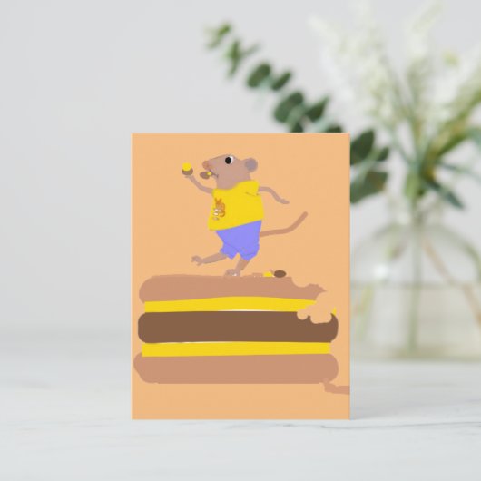 Maus tanzt auf (und isst) Burgher Postkarte (Stehend Vorderseite)