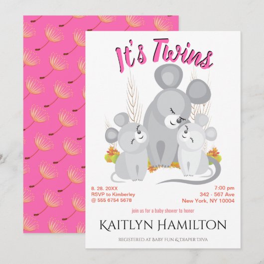 Maus Twins Girl Mutter Kinderdusche Woodland Maus  Einladung (Vorne/Hinten)