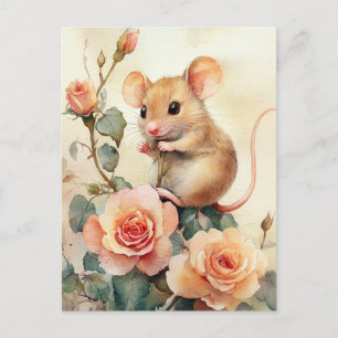 Maus und rosa Rosen Postkarte