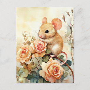 Maus und rosa Rosen Postkarte
