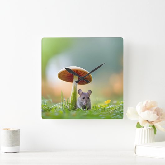 Maus unter einem Pilz Quadratische Wanduhr (Zuhause)
