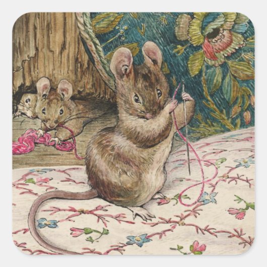 Mäuse am Arbeitsplatz - Beatrix Potter Quadratischer Aufkleber (Vorderseite)