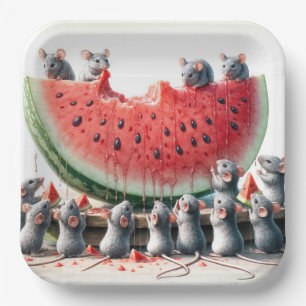 Mäuse auf einem Juicy Watermelon Wedge Pappteller