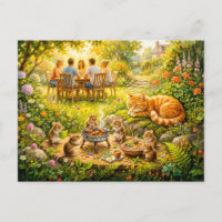 Mäuse-Garten-Barbecue mit beobachtender Katze