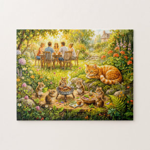 Mäuse-Garten-Grillfest mit beobachtender Katze Puzzle