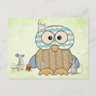 Mäuse nähen Eule Postkarte