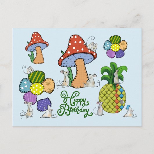 Mäuse nähen kunterbunt postkarte (Vorderseite)