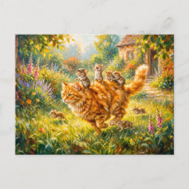 Mäuse reiten auf einer Katze durch den Garten Postkarte