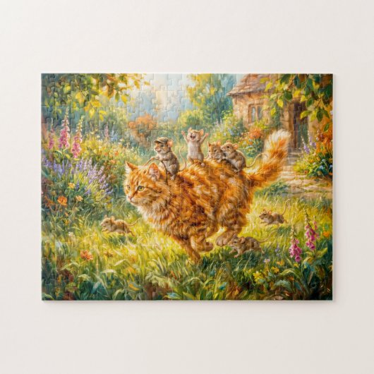 Mäuse reiten auf einer Katze durch den Garten Puzzle (Horizontal)