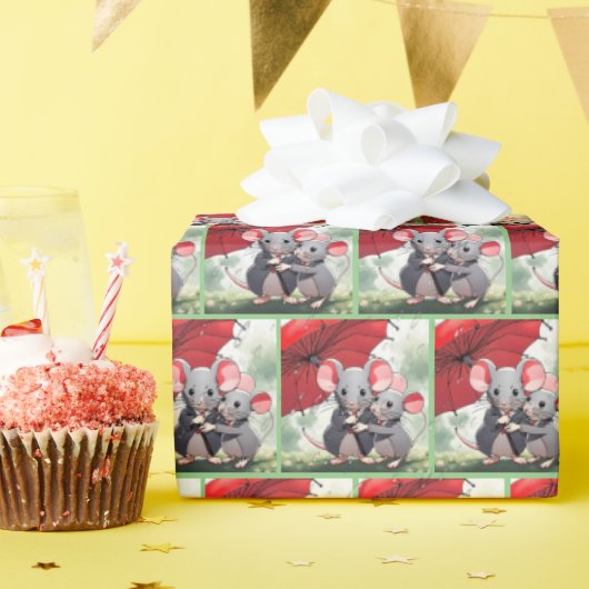 Mäuse unter einem roten Schirm Geschenkpapier (Geburtstagsparty)