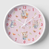 Mäuse verzaubern auf rosa Gingham Karo Wall Clock Uhr (Vorderseite)