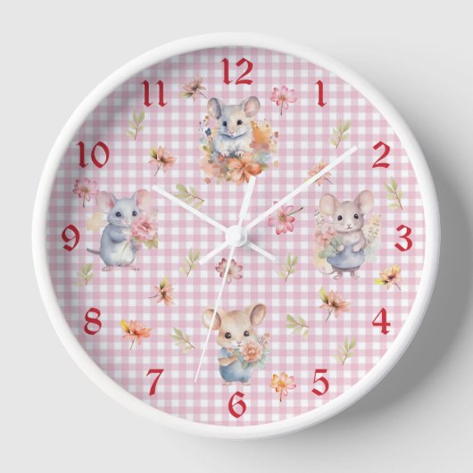 Mäuse verzaubern auf rosa Gingham Karo Wall Clock Uhr (Vorderseite)