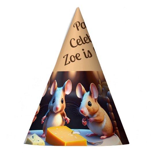 Mausfamilie am Esstisch, Kindergeburtstag Partyhütchen (Links)