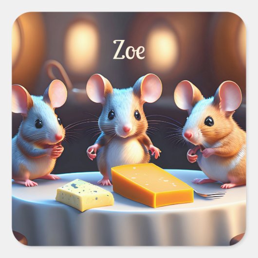 Mausfamilie am Esstisch Quadratischer Aufkleber (Vorderseite)