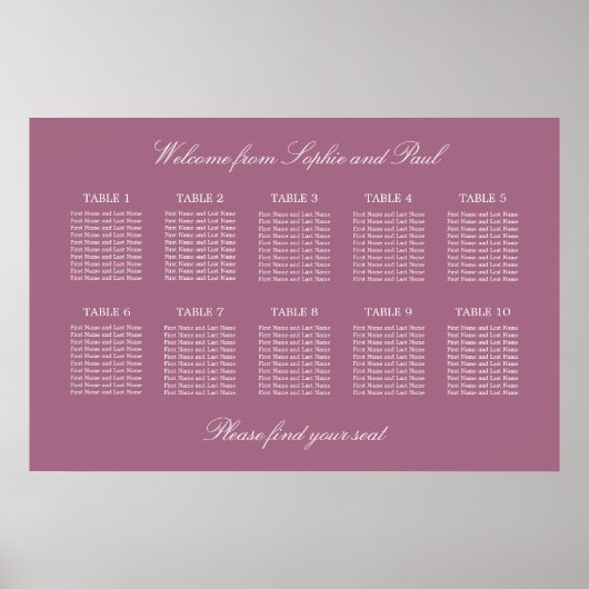 Mauve 10 Table Wedding Seating Chart Poster (Vorne)