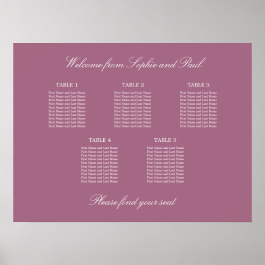Mauve 5 Table Wedding Chart Poster (Vorne)