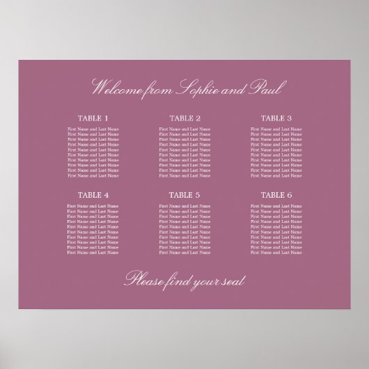 Mauve 6 Table Wedding Chart Poster (Vorne)