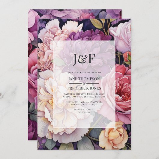 Mauve and Champagne Floral Wedding Monogram Einladung (Vorne/Hinten)