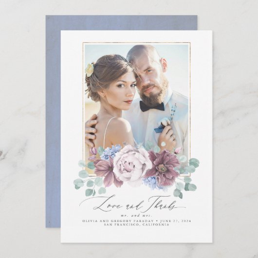 Mauve and Dusty Blue Floral Wedding Danke Card Einladung (Vorne/Hinten)