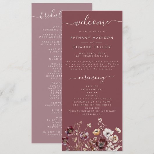 Mauve Autumn Floral Wedding Programm (Vorne/Hinten)