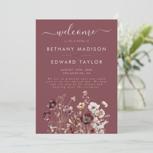 Mauve Autumn Floral Wedding Programm (Stehend Vorderseite)