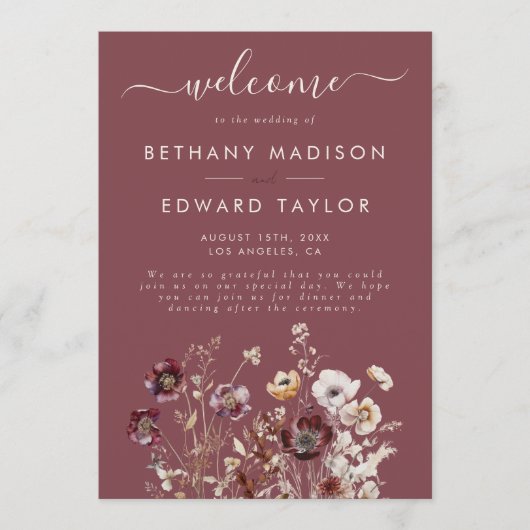 Mauve Autumn Floral Wedding Programm (Vorderseite)