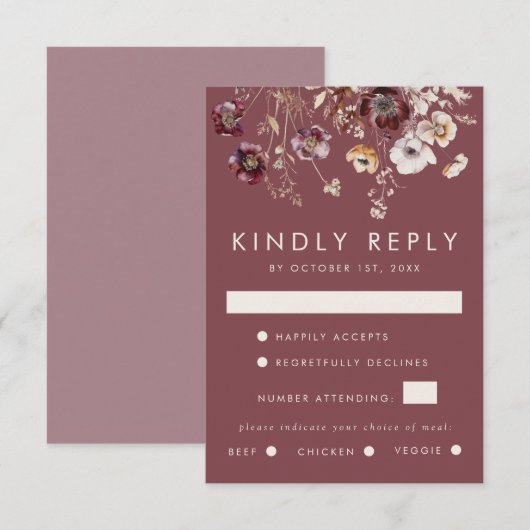 Mauve Autumn Floral Wedding RSVP Karte (Vorne/Hinten)