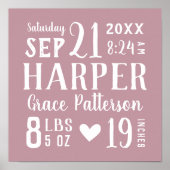 Mauve Baby Girl Birth Stats Keepake Poster (Vorne)