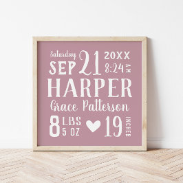 Mauve Baby Girl Birth Stats Keepake Poster
