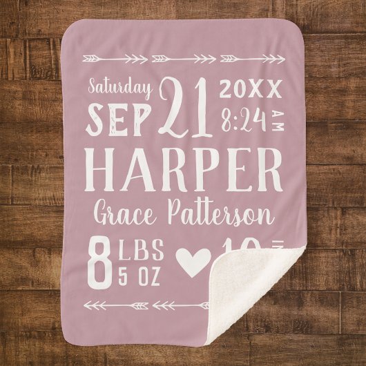 Mauve Baby Girl Birth Stats Keepake Sherpadecke