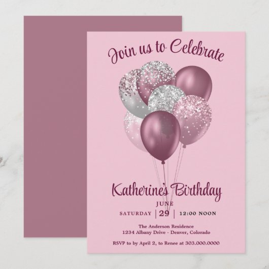 Mauve Ballons Geburtstag  Einladung (Vorne/Hinten)