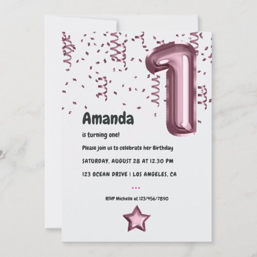 Mauve Balloon 1. Geburtstag Einladung (Vorderseite)
