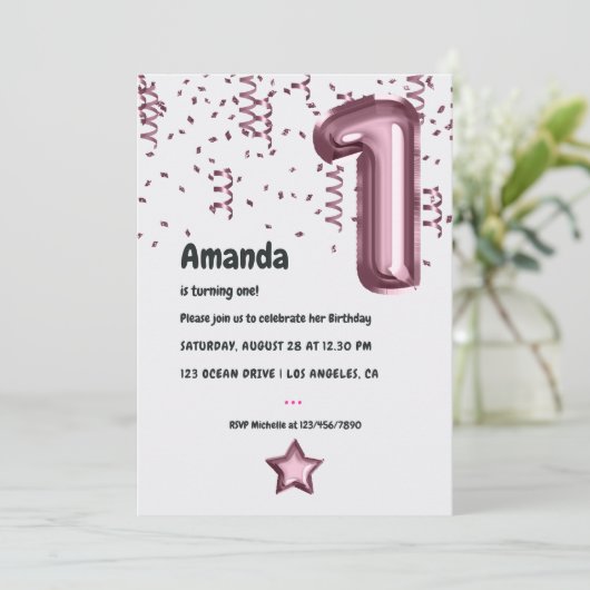 Mauve Balloon 1. Geburtstag Einladung (Stehend Vorderseite)