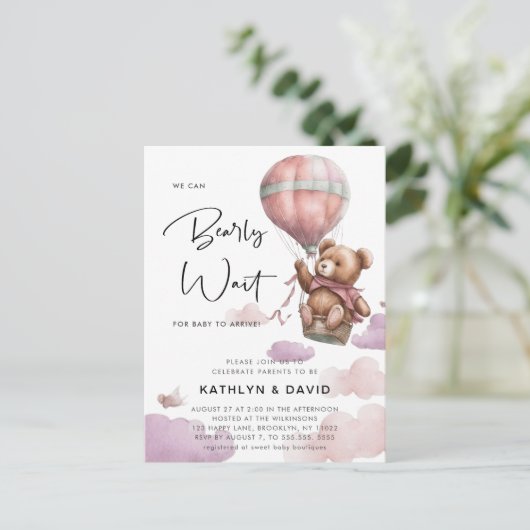 Mauve Balloon wir können frühzeitig abwarten Mädch Einladungspostkarte (Stehend Vorderseite)